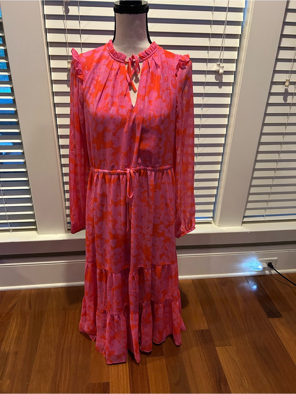 Sugarlips Pink and Orange Floral Tiered Long-Sleeve Dress size M